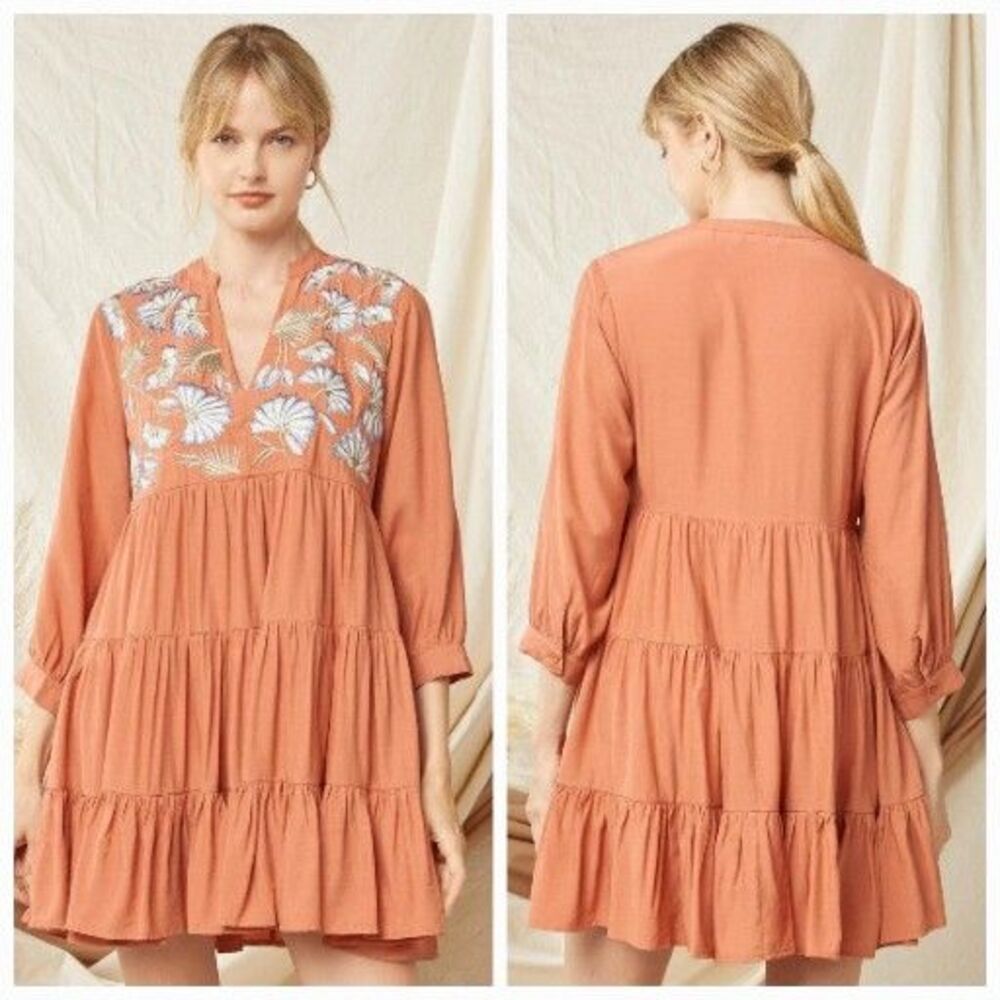 Entro S Browm Floral Embroidered Tiered V Neck Baby Doll Dress 612